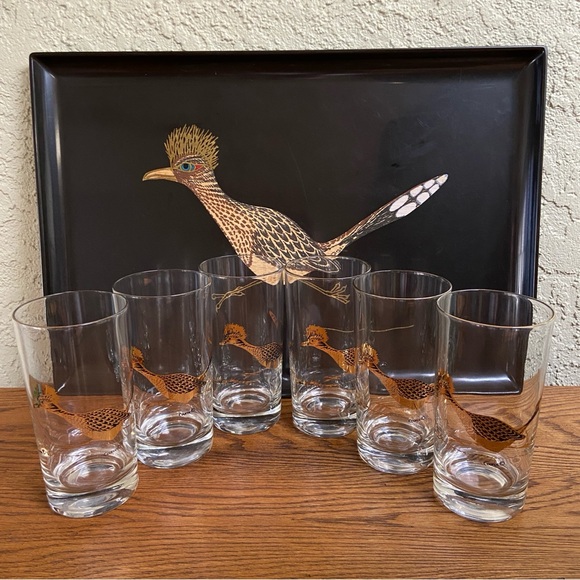 Couroc Mid Century Roadrunner Set Large Serving Tray with Six Highball Glasses - Picture 1 of 17